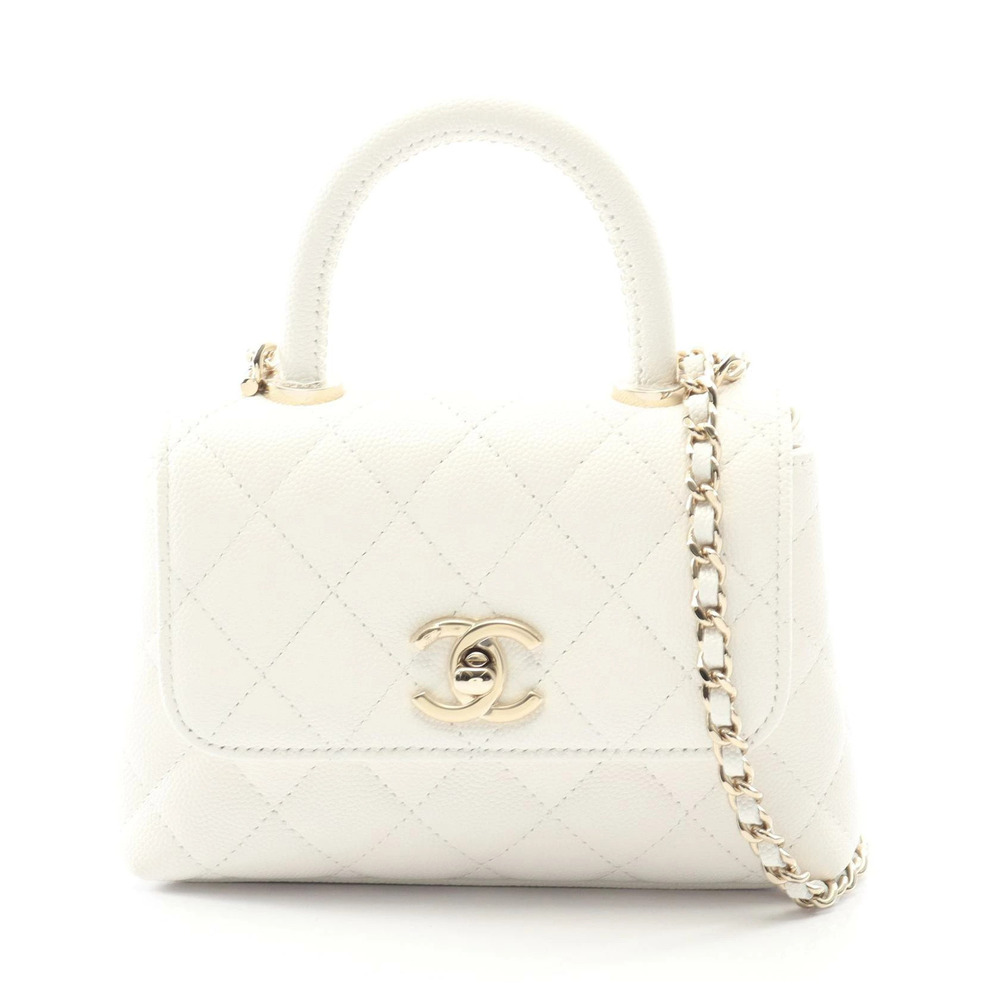 Chanel Matelasse Shoulder Bag Coco Handle Caviar Leather Grained Calfskin White